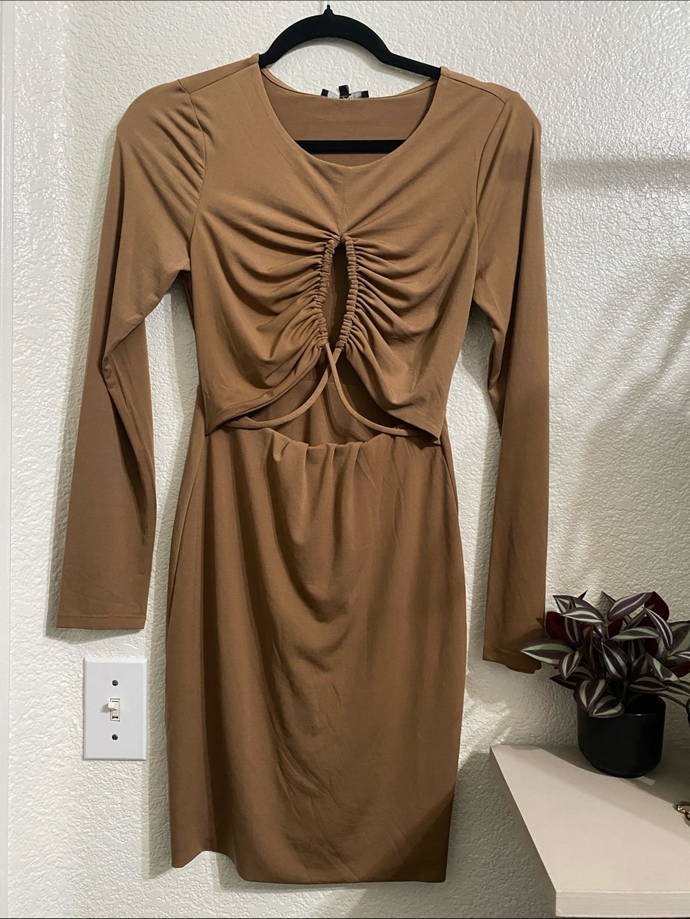 Love Tree Long Sleeve Ruched Cutout Midi Dress in Brown